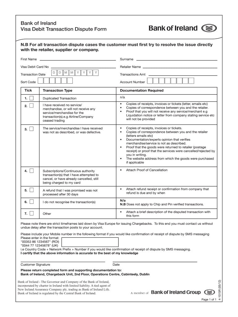  Charge Dispute Form Bank of India 2012-2024