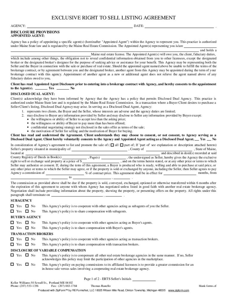 Exclusive Right to Sell Contract Sample  Form