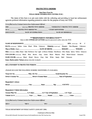 Fillable Tcic Protective Order Data Entry Form