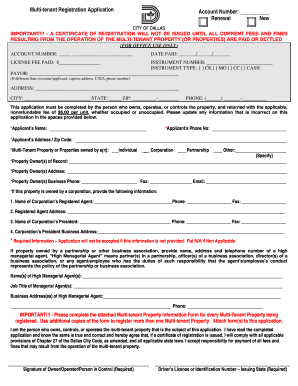 Multi Tenant Registration Application Account Number City of Dallas  Form