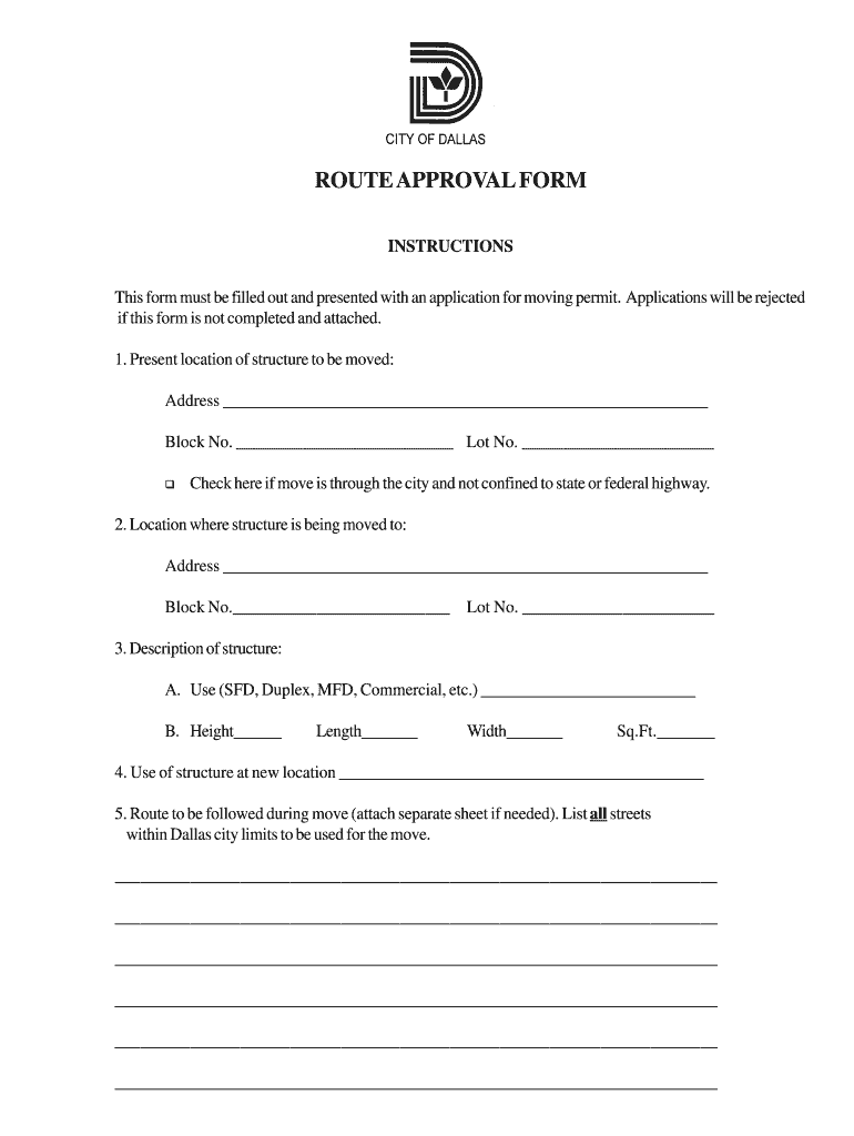 Moving Permit  Route Approval Form  City of Dallas