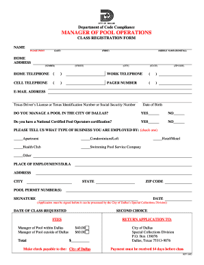 City of Dallas Manager of Pool Operations  Form