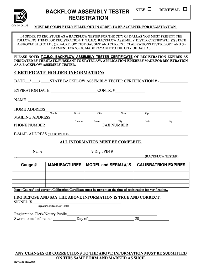  City of Dallas Backflow Form 2008