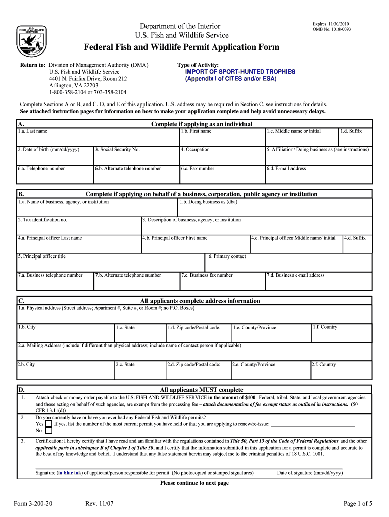  U S Fish and Wildlife Service Form 3 200 20 Import of Sport Hunted Trophies Appendix I of CITES Andor ESA 2017