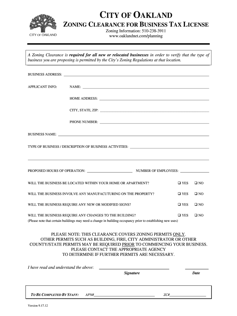  Zoning Clearance City of Oakland 2012-2024