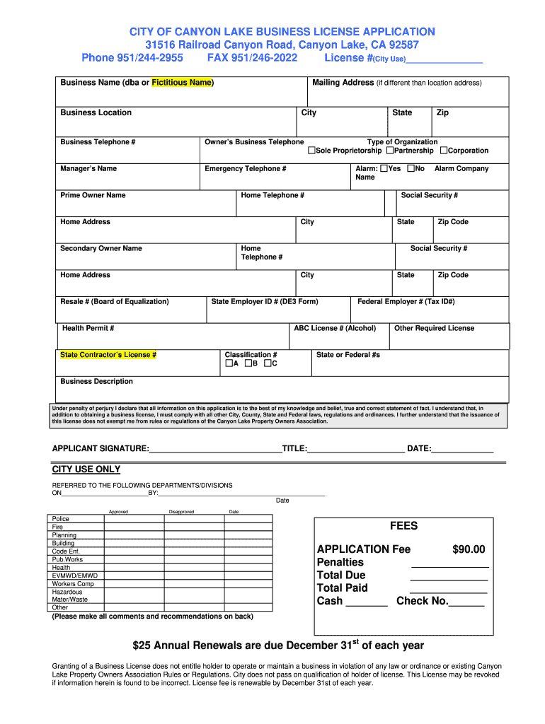 CITY of CANYON LAKE BUSINESS LICENSE APPLICATION  Form