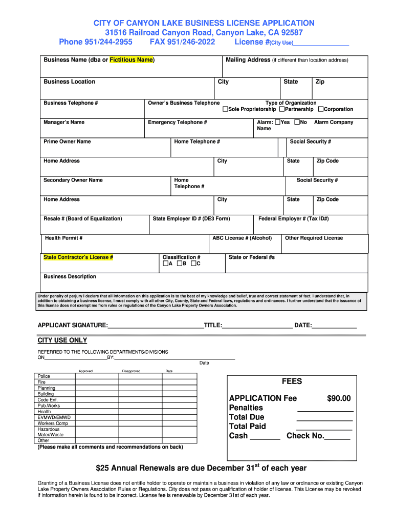  CITY of CANYON LAKE BUSINESS LICENSE APPLICATION 2007