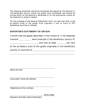 EXPORTER&amp;#39;S STATEMENT of ORIGIN I Certify that the Milgram  Form