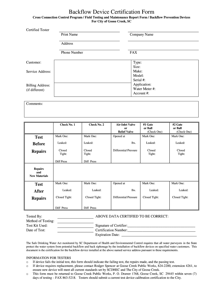 Backflow Test Form Word