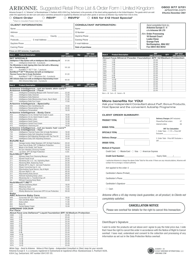 Arbonne Products Price List  Form
