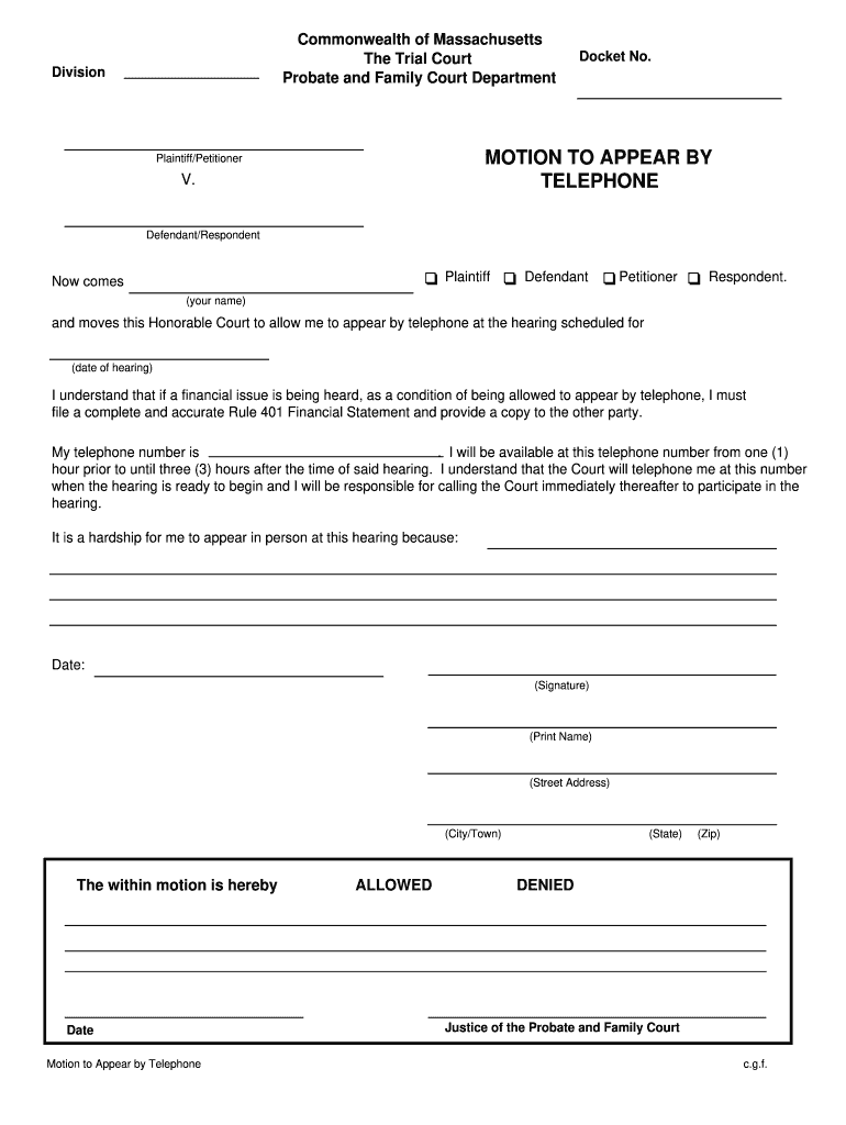 Motion to Appear by Telephone Massachusetts  Form