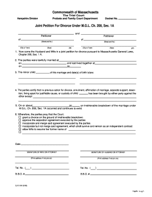Commonwealth of Massachusetts Joint Petition for Divorce under  Form