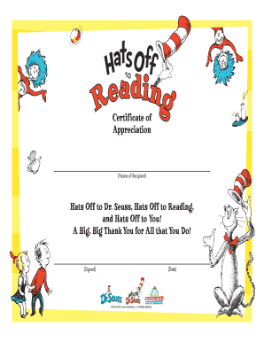 Certfificate of Appreciation Hat off to Dr Suess Hat off to Reading  Form