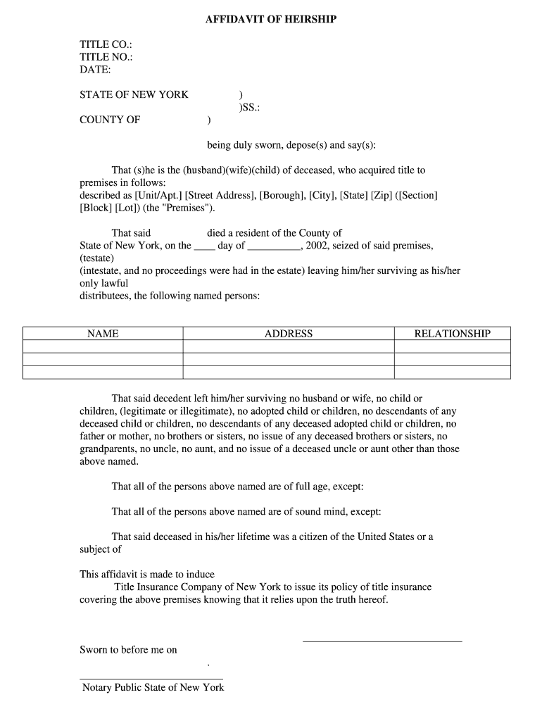 Affidavit of Heirship New York  Form