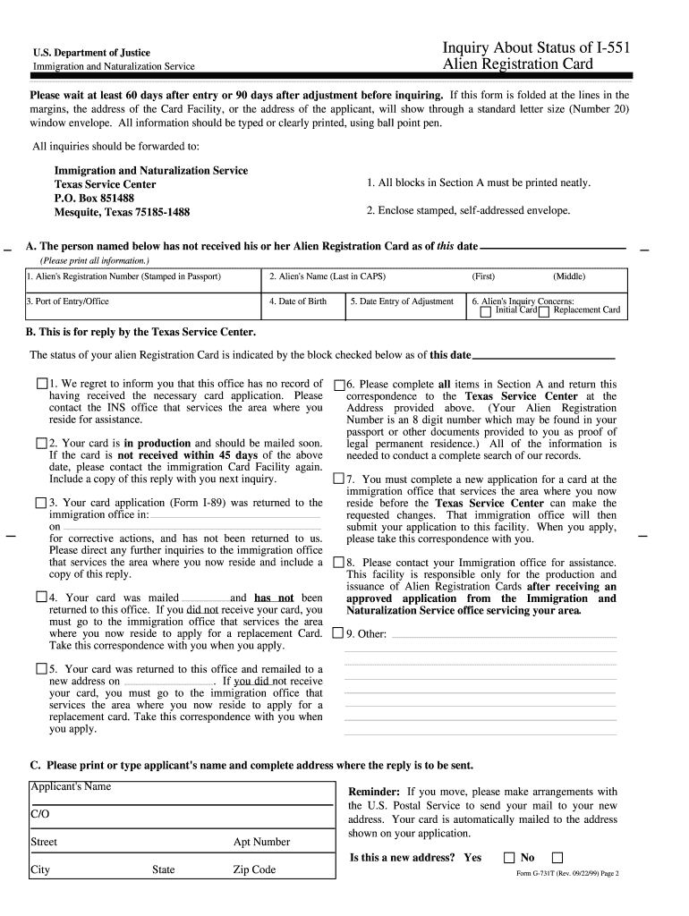  Inquiry About Status of I 551 Alien Registration Card Form 1999-2024