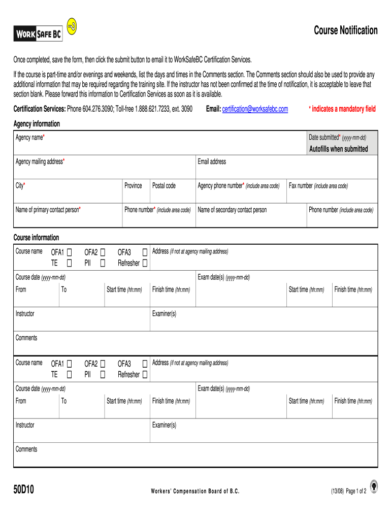  Course Notification, Form 50D10  WorkSafeBC 2013-2024