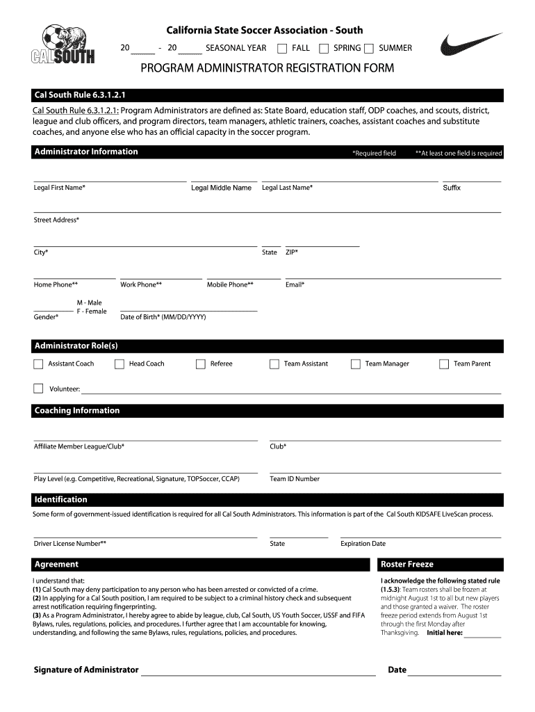 Cal South Program Administrator Form