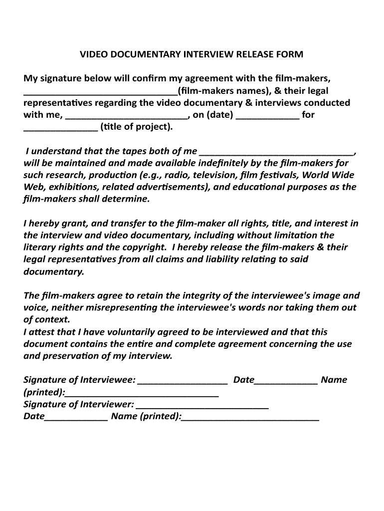 Get and Sign Documentary Release Form Template