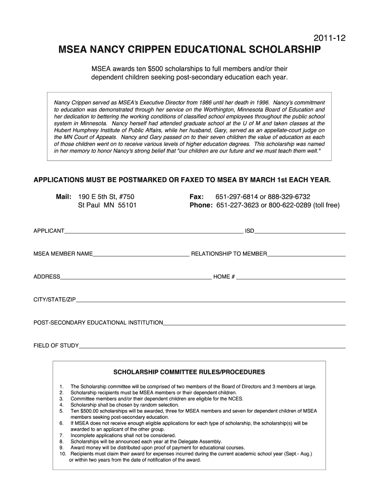  Nancy Crippen Scholarship Form 2011-2024