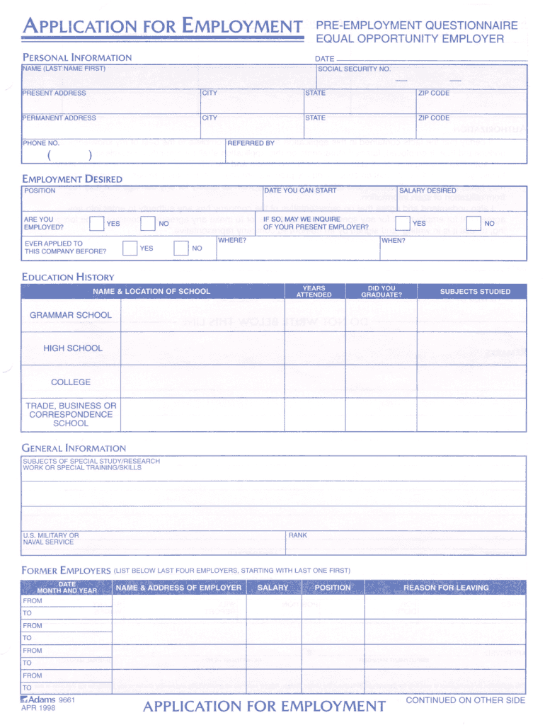 Adams Application for Employment PDF  Form