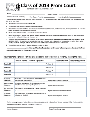 Prom King and Queen Voting Slips  Form