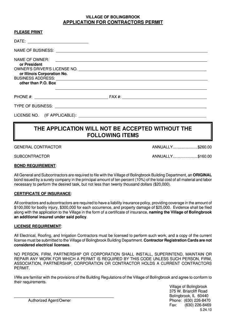  Village of Bolingbrook Contractor Registration 2010-2024