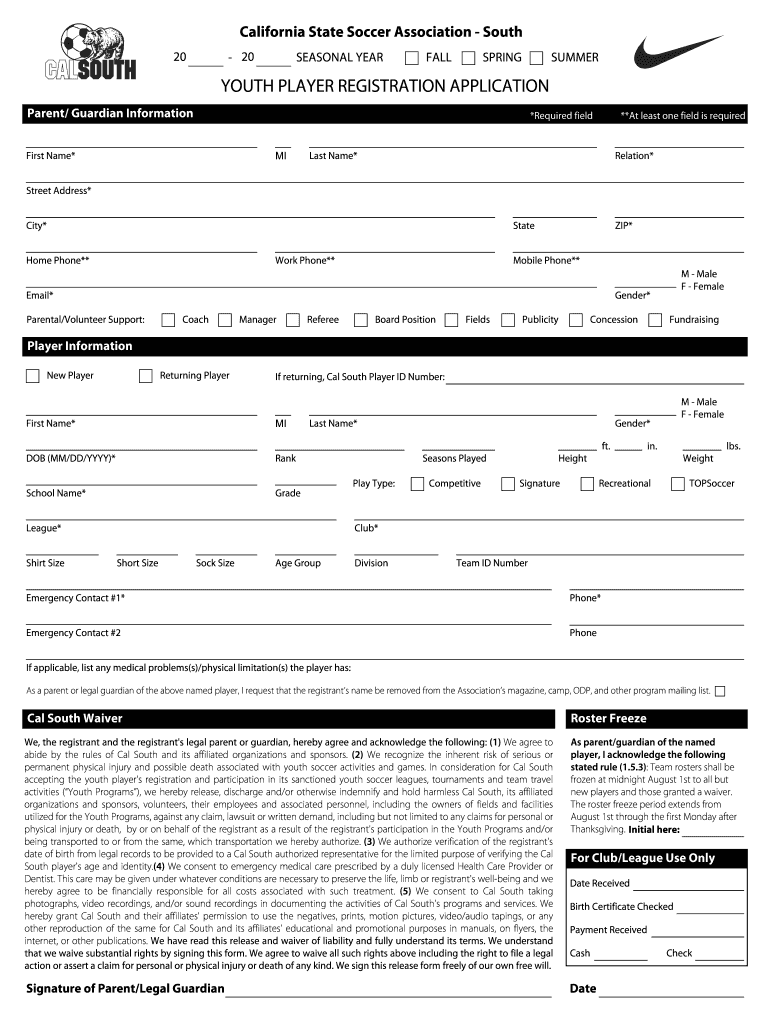 Youth Player Registration Application  Form