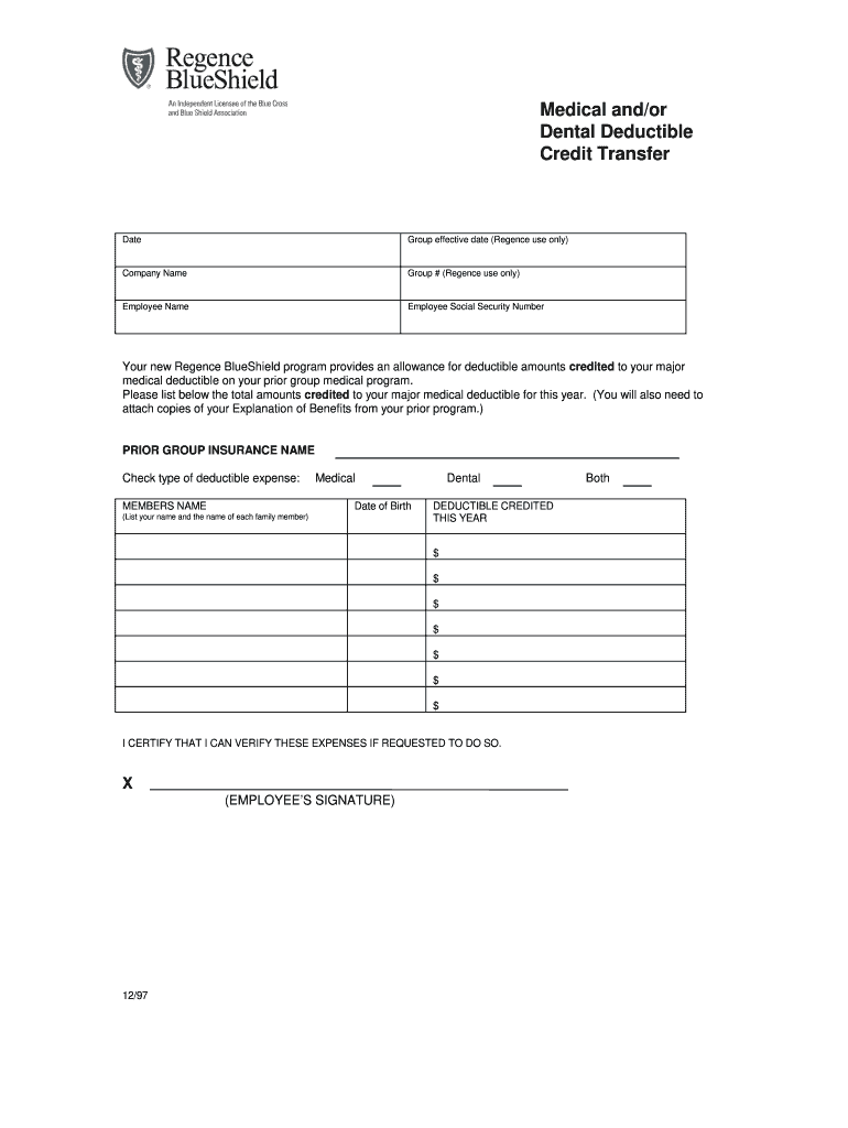  Regence Deductible Credit Form 1997-2024