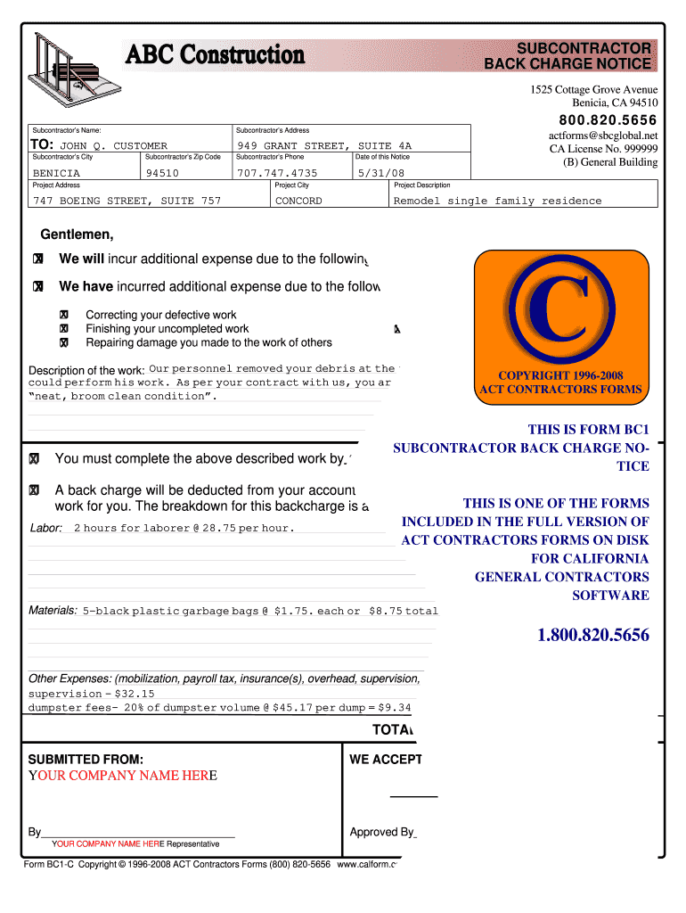 Sample Back Charge Letter to Contractor  Form