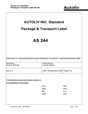 Autoliv Transport Label  Form