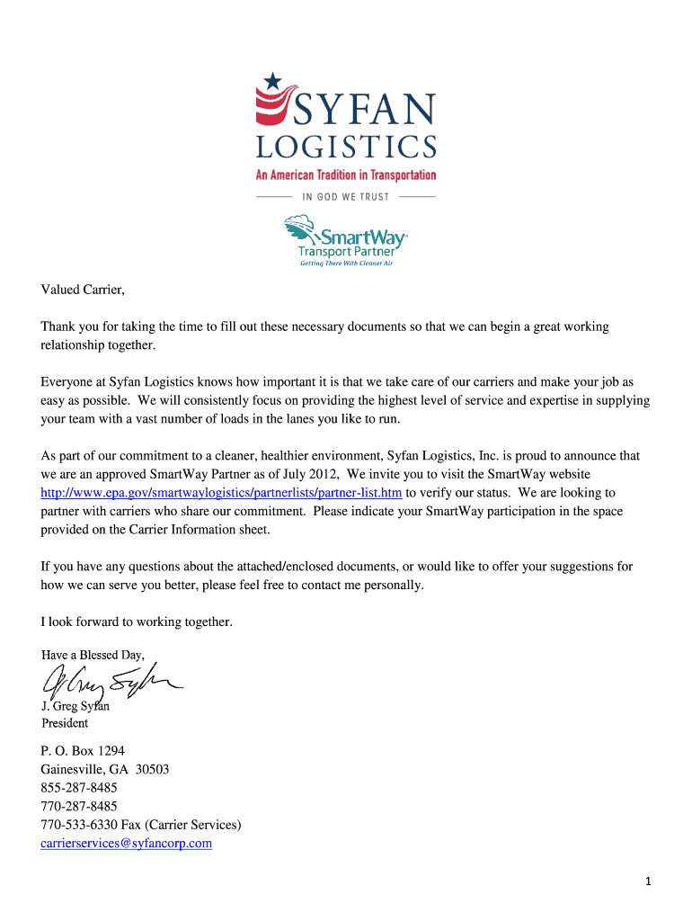 Syfan Logistics Carrier Setup  Form