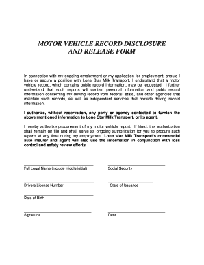 Motor Vehicle Record Disclosure and Release Form Lone Star Milk