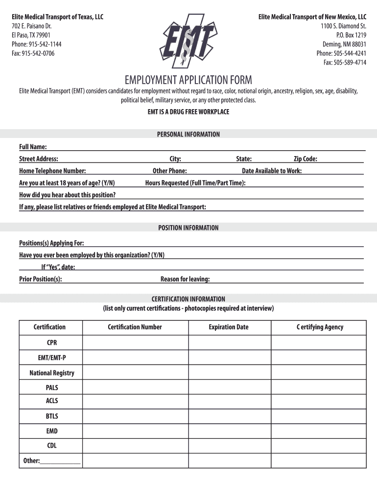 EMPLOYMENT APPLICATION FORM Elite Medical Transport