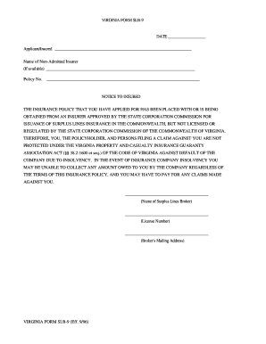 VIRGINIA FORM SLB 9 DATE ApplicantInsured