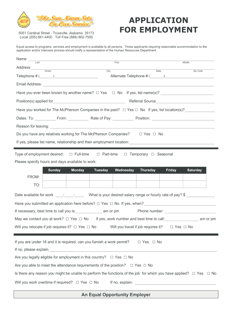 Employment Application  McPherson Oil Products  Form