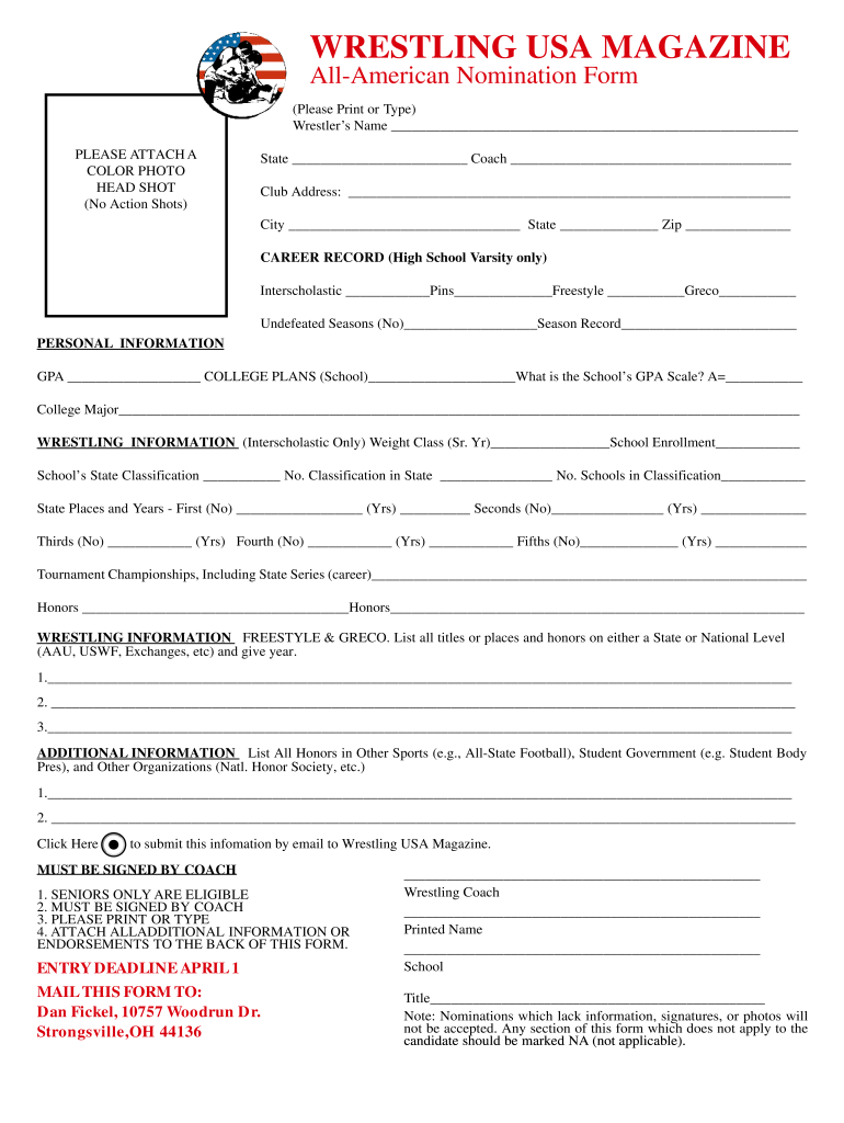 All American Nomination Form  Wrestling USA Magazine