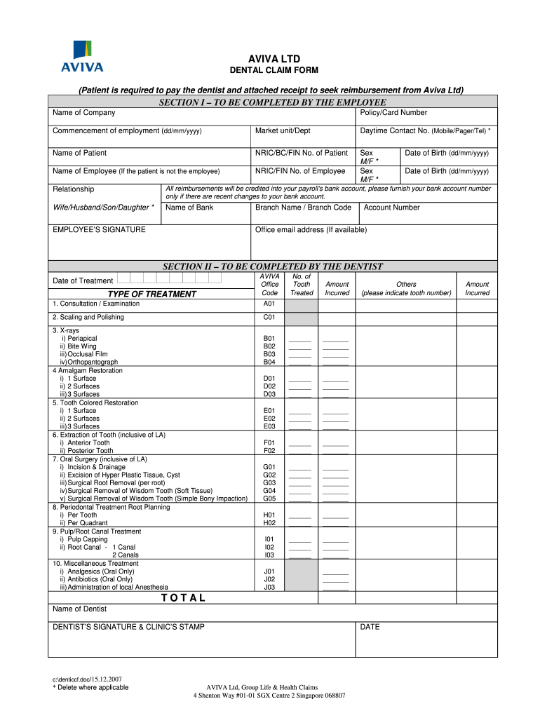  Aviva Medical Claim Form 2007-2024