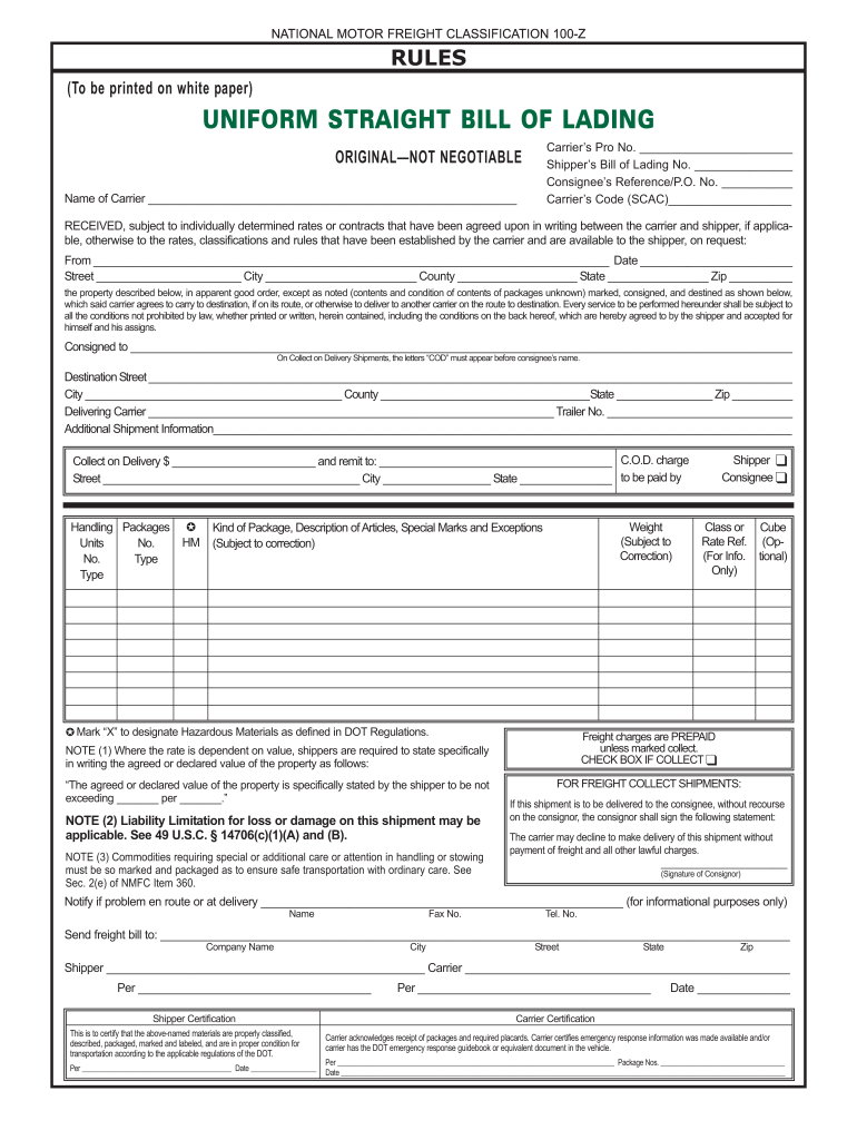 Uniform Straight Bill of Lading Template