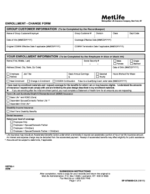  Metlife Enrollment Change Form 2011-2024