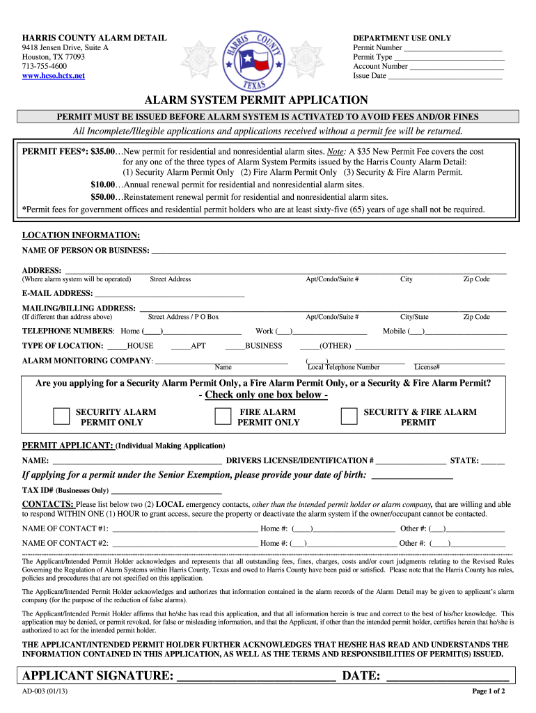 Get and Sign Hcso Alarm System Permit Application Form 2013