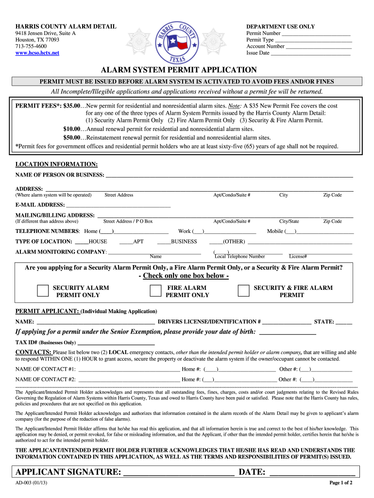  Hcso Alarm System Permit Application Form 2013