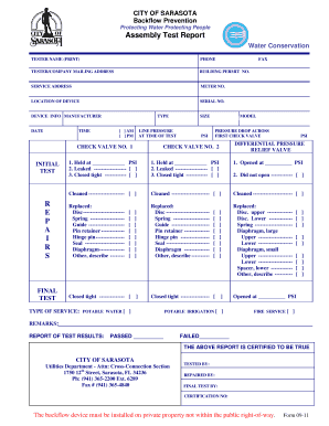 Backflow Prevention Assembly Test Report City of Sarasota  Form