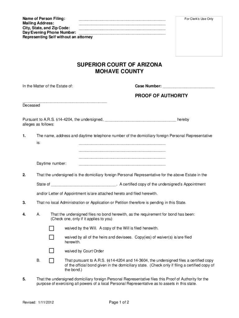 Proof of Authority  Mohave County Superior Court  Form