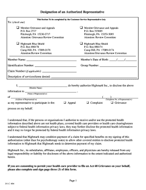 Designation of an Authorized Representative Highmark Blue Shield  Form