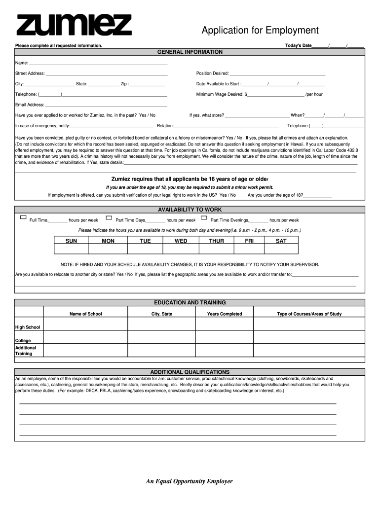 Zumiez Application  Form