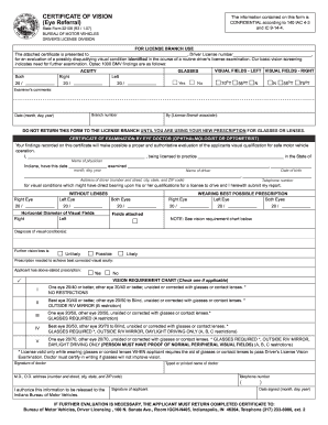 Indiana BMV Certificate of Vision Eye Referral  Form