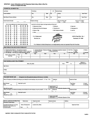 Pizza Hut Application PDF  Form