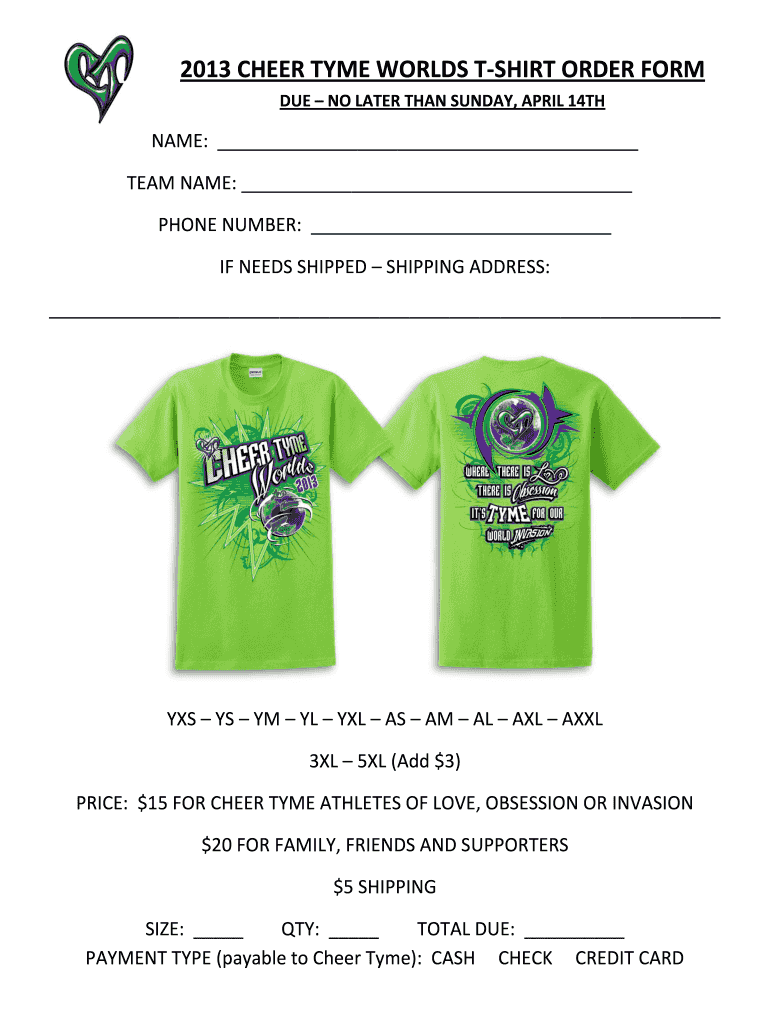 CHEER TYME WORLDS T SHIRT ORDER FORM