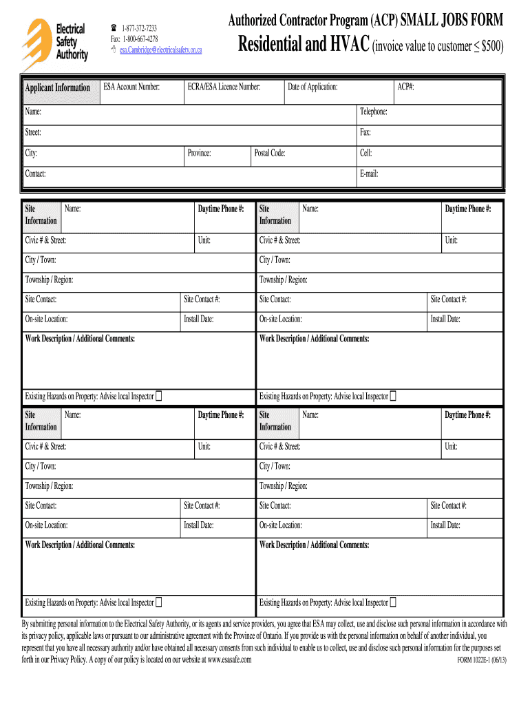  ACP Small Job Form Res  Electrical Safety Authority 2013-2024