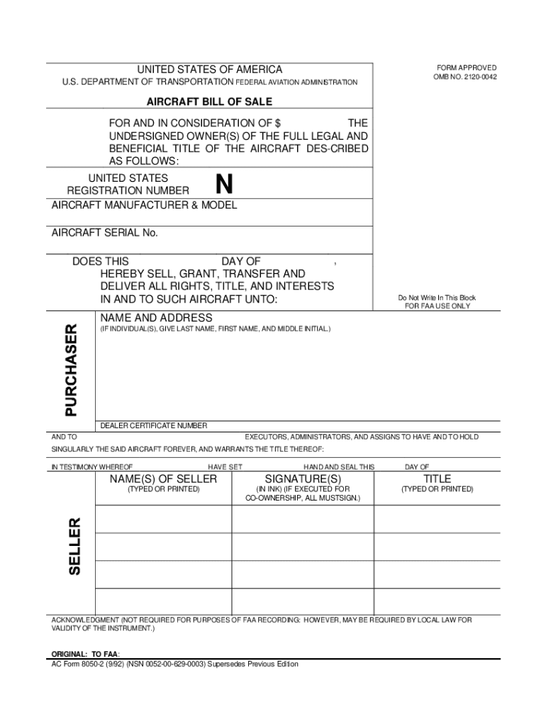  Faa Form Aircraft Bill of Sale Ac 8050 2 PDF 2021-2024